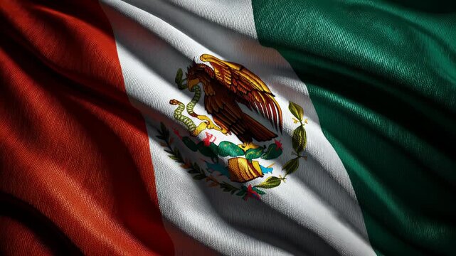 Mexican flag waving in strong wind, showcasing the national coat of arms with the golden eagle consuming a rattlesnake on a nopal cactus, symbolizing mexican nationalism and cultural identity
