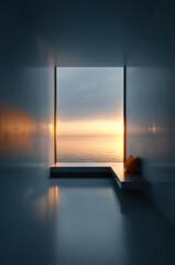 Minimalist room modern interior large window ocean view sunset serene blue walls bench orange cushion peaceful atmosphere