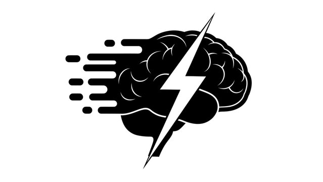 Brain with Lightning Bolt Symbolizing Intelligence and Energy on White Background
