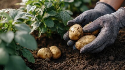 Obraz premium The Potatoes Hand Harvested From Rich Soil By Gloved Hands In Garden Bed