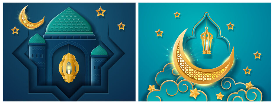 Traditional Islamic motifs and festive posters. Vector mosque domes, crescent moon and stars, glowing lantern and soft clouds. Greeting cards and cultural design, celebration projects
