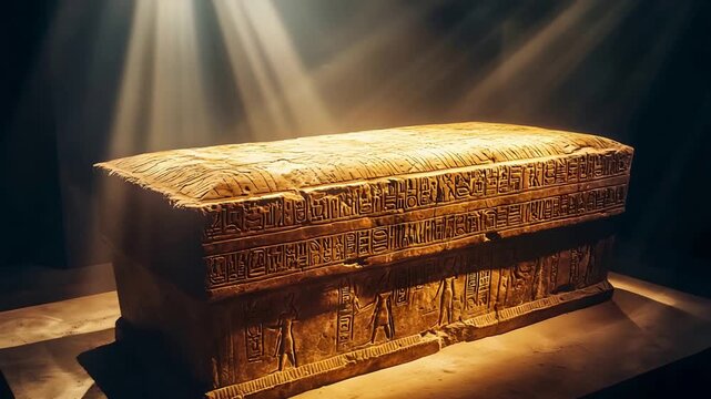 Mysterious Egyptian Sarcophagus with Detailed Carvings Under Dramatic Beams of Light.