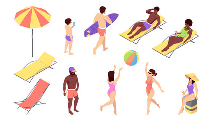 Summer vacation and travel. Vector isolated people playing volleyball, relaxing on sun loungers, sitting and standing. Characters hold surfboard, rest under beach umbrella and enjoy seaside atmosphere