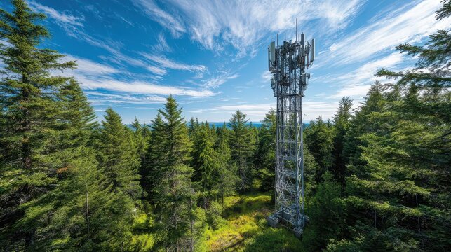 Mobile network mast amid dense trees and open sky, showcasing wireless infrastructure