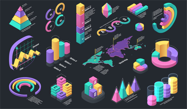 Charts and graphs with bars, lines and data elements. Vector isolated isometric elements for business and analytics, statistics and finance, marketing and digital reporting. Infographic and data