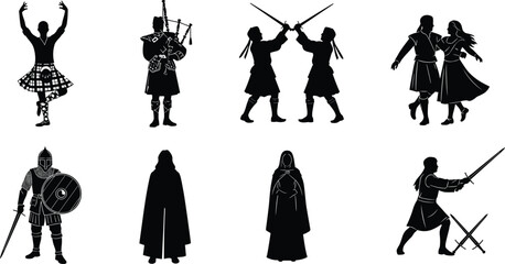 Obraz premium Medieval Celtic Warrior and Highland Culture Silhouette Set Featuring Swordsmen, Bagpiper, Dancers and Knights, Black Vector Historical Characters Collection Isolated on White Background