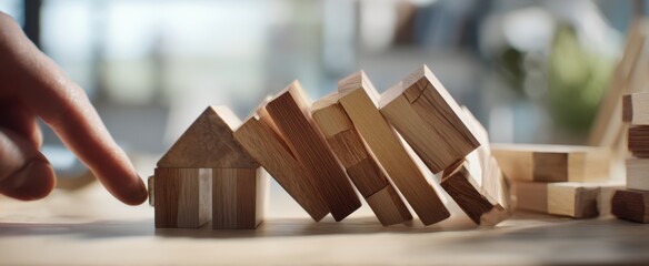 The wooden house model stopping falling domino blocks symbolizing property risk and protection