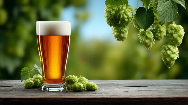 Glass of amber beer with frothy head placed on wooden table surrounded by fresh green hop cones and leaves against a blurred natural background of greenery