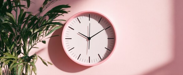 The Clock on a Pink Wall with Green Houseplant and Soft Natural Light