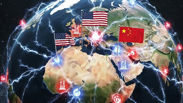 US and China global influence territorial conflict, Geopolitical Global Tension US vs China Influence 3D Map