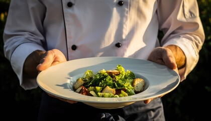 Chef Presents Fresh Green Salad in Elegant White Plate Outdoors