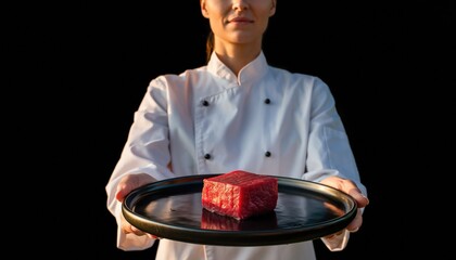 Chef Presenting Gourmet Beef Dish on Black Background with Elegance