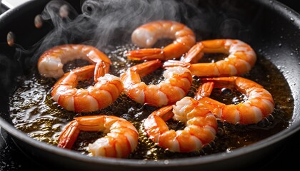 Fresh Shrimp Cooking in Pan with Steam and Sizzling Oil