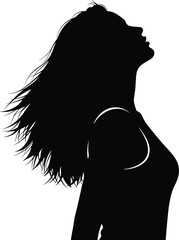 Black silhouette of woman with long hair blowing in wind silhouette, woman, long hair, blowing hair, wind, black, white background, profile, head tilted back, sleeveless, long, hair, blowing, against,