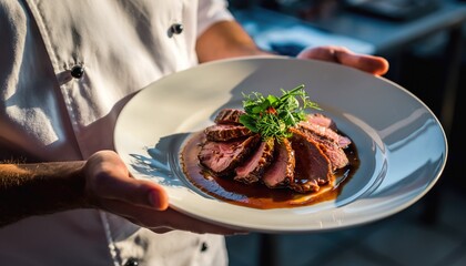 Chef Serving Elegant Plate of Sliced Meat with Garnish and Sauce