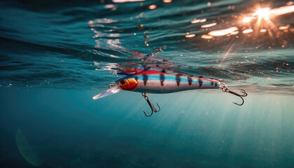 Colorful Fishing Lure Floating in Clear Blue Water Under Sunlight