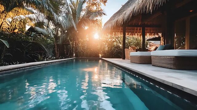 Golden Hour Sunlight Bathes Tranquil Resort Swimming Pool and Thatch Roof Bungalow.