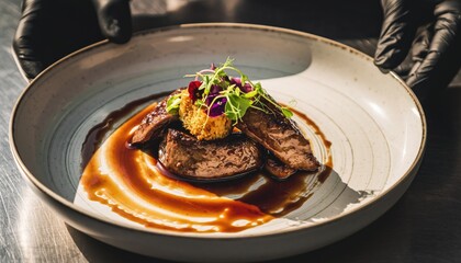 Elegant Gourmet Dish with Sauce and Garnish on Modern Plate