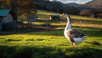Graceful Goose Standing on Green Grass in Rural Countryside Scene