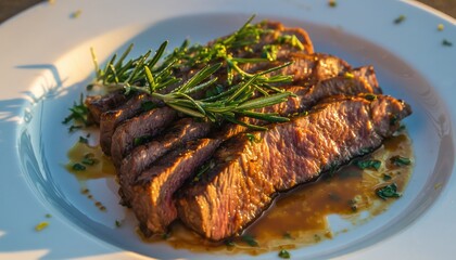 Sliced Beef Steak Garnished with Fresh Herbs on a White Plate