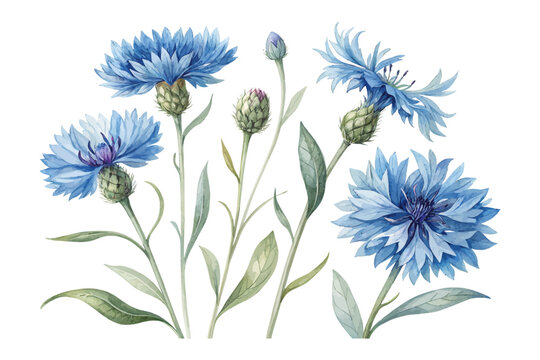 Watercolor Bachelor&rsquo;s Button Flower Art, Blue Botanical Element, Isolated on white background