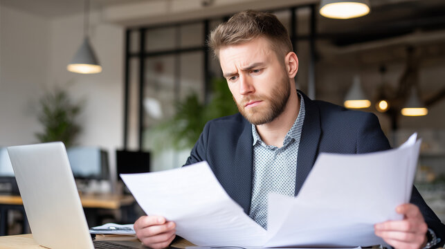 A worried man in a business suit looks through documents at a desk with a laptop &ndash; a puzzled and focused mood in a modern office with soft overhead lighting.