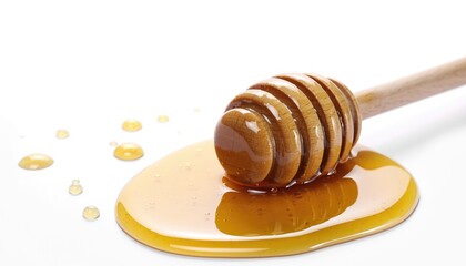 Golden Honey Dripping from Wooden Dipper on White Background