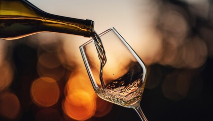 Wine Pouring into Glass at Sunset with Bokeh Background Effects