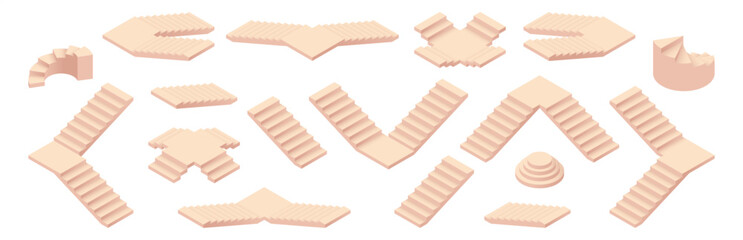 Stairs in different styles. Vector isometric spiral, straight and curved designs. Steps lead up and down, architectural and interior elements. Architecture design elements and building structure