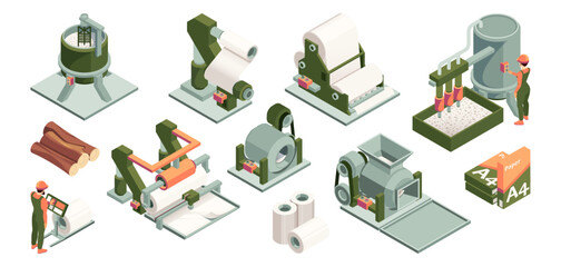 Paper factory elements. Vector isometric production. Worker operating industrial equipment, rolls and storage units, containers and labeled sheet packs. Manufacturing, processing and industrial