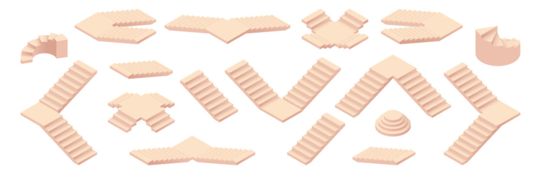 Stairs in different styles. Vector isometric spiral, straight and curved designs. Steps lead up and down, architectural and interior elements. Architecture design elements and building structure