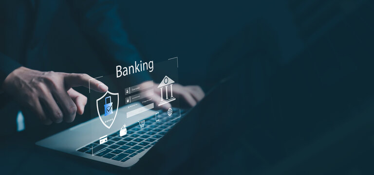 Person using smartphone and laptop with online banking interface, symbolizing mobile banking, fintech innovation, secure digital finance, e-payment, money transfer, account management, and financial.