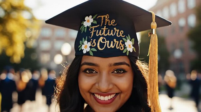 Young female graduate turning around to smile at the camera on a sunny university campus. Portrait of a happy student wearing a decorated graduation cap with the text The Future is Ours