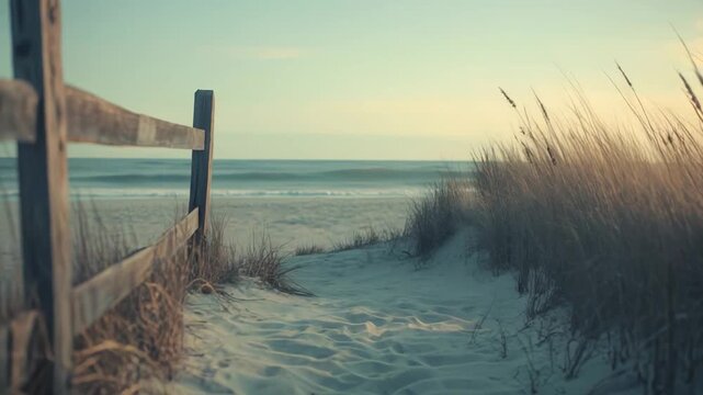 Wooden fence and dune grass framing a tranquil sandy path leading towards the calm ocean under a soft sky, evoking feelings of summer travel and peaceful escape