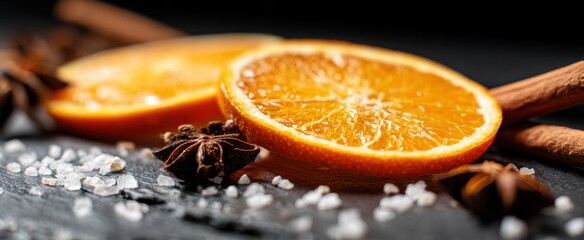 The Orange Slices with Cinnamon Star Anise and Sea Salt on Dark Surface