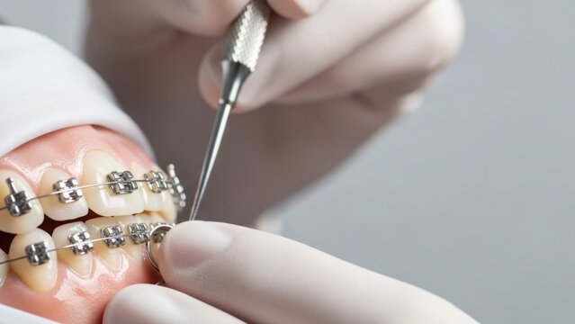 Close up on dental braces being adjusted by dentist wearing protective gloves. Orthodontic treatment includes careful placement of metal brackets and archwire on teeth model.