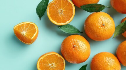 The Oranges on Mint Background With Fresh Leaves and Citrus Slices