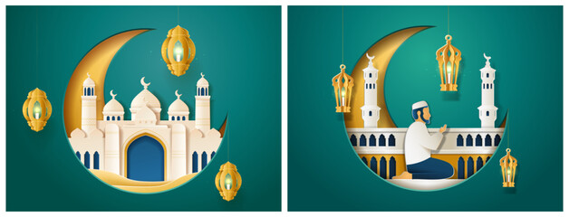Ramadan paper cut style poster. Vector mosque domes and crescent moon, glowing lanterns and person praying. Traditional Islamic motifs. Greeting cards elements, cultural and festive design for Ramadan