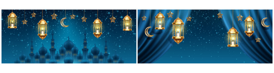 Ramadan night posters with Islamic mosque landscapes. Vector curtains, domes and crescent moon, glowing lanterns and starry sky. Greeting cards and festive decoration and spiritual projects © Sensvector