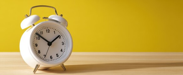 The Alarm Clock on Wooden Table with Bright Yellow Background and Minimal Design