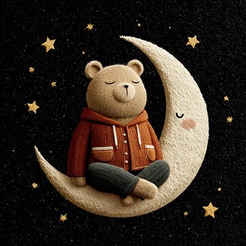 Cute Bear Sitting On Moon With Stars In Dark Sky (164