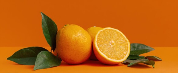 The Oranges Lying on an Orange Background with Fresh Green Leaves and a Slice