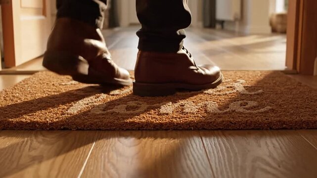 Close-up cinematic view of a textured brown welcome doormat featuring script typography text saying Home Sweet Home placed at the front entrance of a residential building on a sunny day.