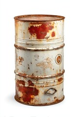 Old metal oil barrel isolated on white background with weathered steel and rust