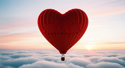 Fototapeta premium Red Heart Shaped Hot Air Balloon Flying Above Clouds at Sunset for Romantic Travel Valentine Celebration and Love Concept