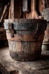 Naklejka premium Old rustic bucket resting on a rough wooden surface with warm light