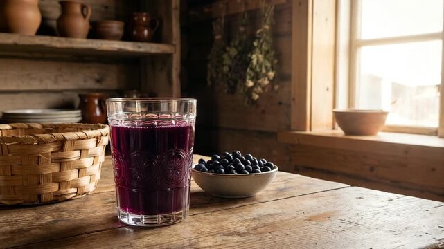 crowberry juice qaqortoq, vibrant deep purple juice in a traditional Greenlandic glass orbit video