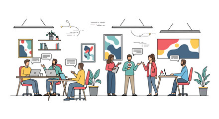 Diverse team collaborates in modern office space planning and brainstorming ideas with communication bubbles and abstract art on walls © Jonmart