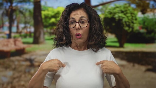 Middle age hispanic woman wearing glasses standing and points finger to herself in green park; surprise confusion.