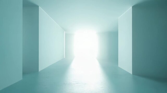 Empty geometric room design creating a sense of new opportunities, future possibilities, and the unknown path ahead, with ethereal particles floating in the light